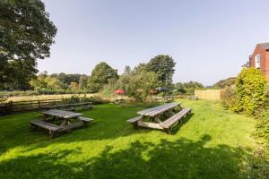 a group of picnic tables in a field of grass at The Dawnay Arms in West Heslerton