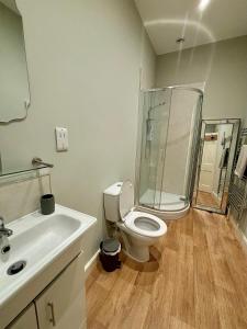 La salle de bains est pourvue d'une douche, de toilettes et d'un lavabo. dans l'établissement The Dawnay Arms, à West Heslerton