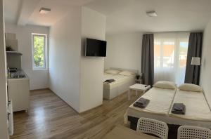 a small room with two beds and a kitchen at Smeštaj Milutinn, centar Sokobanje, iza Miloševog konaka in Soko Banja