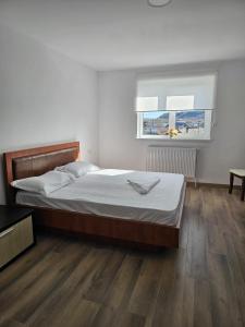 a bedroom with a bed and two windows at Zack Apartments in Murfatlar