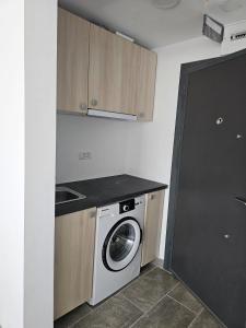 a kitchen with a washer and a washing machine at Zack Apartments in Murfatlar