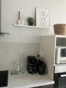 eine Küchentheke mit Kaffeemaschine und Mikrowelle in der Unterkunft maison entre plage marais et forêt in Olonne-sur-Mer
