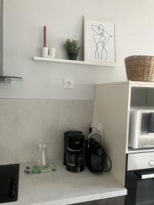 a kitchen counter with a coffee maker and a microwave at maison entre plage marais et forêt in Olonne-sur-Mer
