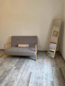 kanapę siedzącą w pokoju obok lustra w obiekcie Apt 2 pièces Cosy Le Rimbaud w mieście Charleville-Mézières