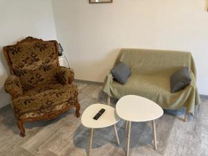 salon z krzesłem, kanapą i 2 stołami w obiekcie Apt 2 pièces Cosy Le Rimbaud w mieście Charleville-Mézières
