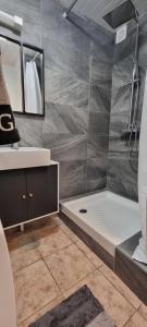 een badkamer met een douche, een bad en een wastafel bij Appartement Cosy Le Boutet in Charleville-Mézières