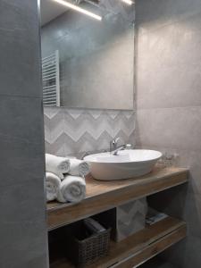 a bathroom with a sink and a mirror and towels at Villa Iva in Rakovica