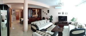 een woonkamer met witte banken en een tv bij Iraklitsa apartment in Iraklitsa