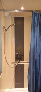 a shower in a bathroom with a blue shower curtain at Hexenhäuschen im Ammerland in Apen