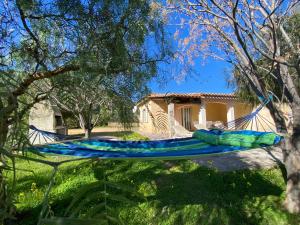a blue and green hammock in front of a house at Villa Verde in Tertenìa