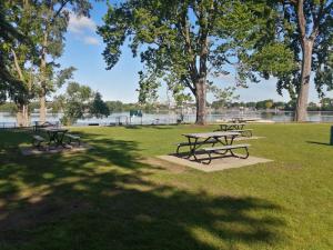 a group of picnic tables in a park near the water at Comfortable 2-bedroom, private kitchen and bathroom in Montreal