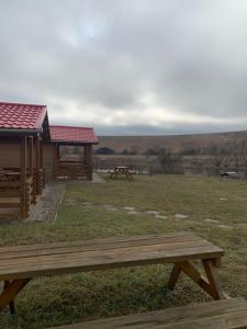 een picknicktafel in een veld naast een hut bij Nádas fogadó és panzió in Teresztenye