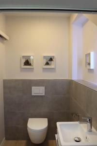 een badkamer met een wit toilet en een wastafel bij Pilsumer Sternekieker in Krummhörn