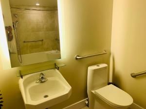 a bathroom with a sink and a toilet and a mirror at Living Water Resort & Spa in Collingwood