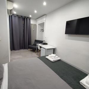 a room with a bed and a desk and a television at Porta Nuova Suite 57 in Turin +16 photos