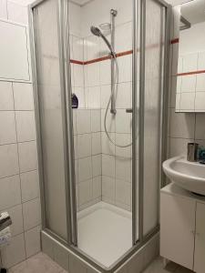 a shower with a glass door next to a sink at Haus mit 3 Apartments im Zentrum von Rostock in Rostock