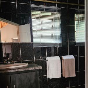 y baño con paredes de azulejos negros, lavabo y toallas. en Grobler's Haven Self catering cottage en Pretoria
