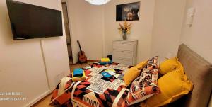 布爾日的住宿－L'Harmonie de Naya, confort , parking privé，卧室配有一张床铺,墙上配有电视