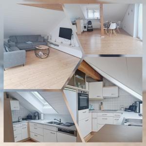 eine Collage mit Fotos von einer Küche und einem Wohnzimmer in der Unterkunft Ferienwohnung Ludwigshöhe in Kempten