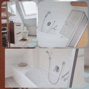 a collage of three pictures of a bathroom with a shower at Ferienwohnung Ludwigshöhe in Kempten