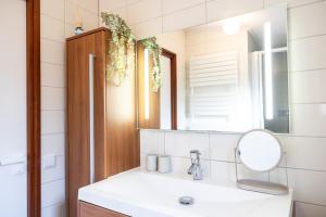 een badkamer met een wastafel en een spiegel bij Leva - Logeren in Drenthe in Doldersum