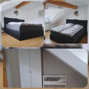 three pictures of a bedroom with a bed and a couch at Ferienwohnung Ludwigshöhe in Kempten