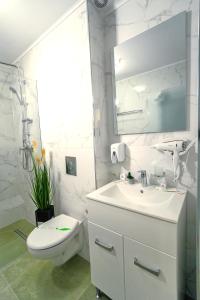 La salle de bains blanche est pourvue d'un lavabo et de toilettes. dans l'établissement SIR FUNDENI HOTEL, à Bucarest