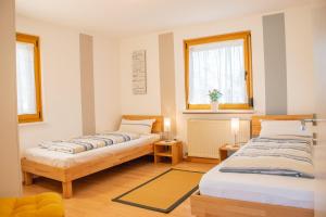 2 camas en una habitación con 2 ventanas en Ferienlandhaus Ahorntal, en Ahortal