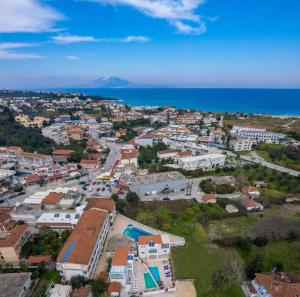an aerial view of a town next to the ocean at Modern Zante Villa - Private Pool - 2 Bedrooms & Bathrooms - Villa Tsilivi - Resort Centre Location in Tsilivi