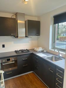 cocina con armarios negros, fregadero y ventana en Villa vakantiehuis, en Ewijk