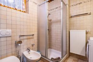a bathroom with a shower and a toilet and a sink at Thomasegg Hof Linde in Sarntal +25 photos