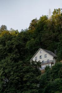 biały dom na szczycie wzgórza z drzewami w obiekcie Le Corumont w La-Roche-en-Ardenne