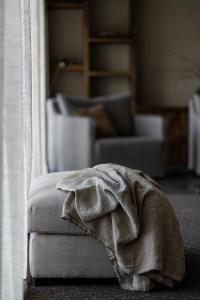koc siedzący na kanapie w salonie w obiekcie Le Corumont w La-Roche-en-Ardenne