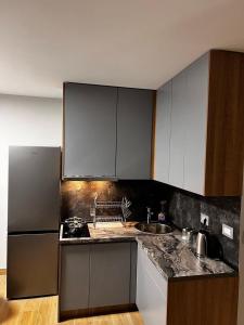 uma cozinha com bancadas em mármore e um frigorífico em Apartman Jovana em Herceg Novi