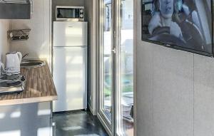 a kitchen with a refrigerator and a window with a person taking a picture at Cozy Home In Rewal With Kitchen in Rewal