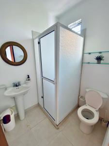 a bathroom with a shower and a toilet and a sink at La palma- casa amoblada Palma Mayorca in Sincelejo