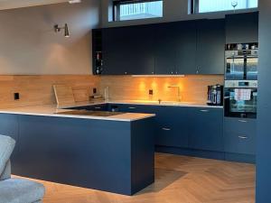 a large kitchen with blue cabinets and a sink at Unikt feriested med stor privat brygge in Bamble