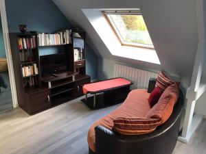 sala de estar con sofá y TV en gîte de la scierie, en Saint-Gatien-des-Bois
