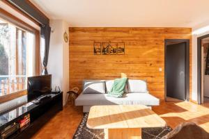 a living room with a couch and a tv at Le petit Schuss - A 10min des remontées mécaniques in La Giettaz