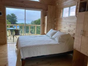 um quarto com uma cama e uma grande janela em Lodge Güitimó em Ancud