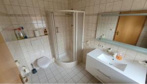 LichtenbergにあるFerienhaus am See Lichtenberg Bayern Frankenwaldseeのシャワー、トイレ、洗面台を備えたバスルーム +24枚の写真
