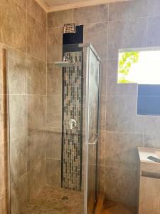 La salle de bains est pourvue d'une douche avec une porte en verre. dans l'établissement immaculate 5 bedroomed house, à Bulawayo
