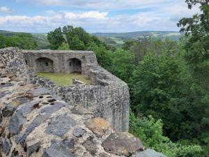 LichtenbergにあるFerienhaus am See Lichtenberg Bayern Frankenwaldseeの木々を背景にした古い石壁