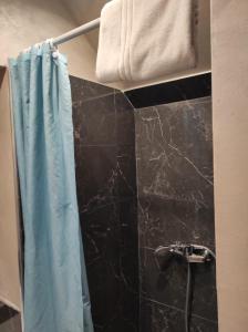 a bathroom with a shower with a blue shower curtain at Hotel Clermont Montmartre in Paris