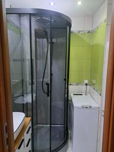 ein Bad mit einer Dusche, einer Waschmaschine und einem Trockner in der Unterkunft Apartament 3 pokoje in Słupsk