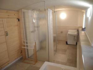 a bathroom with a shower and a toilet and a sink at Erholen im Kranichhof, Garten, Sauna - Nähe Heide in Mockrehna