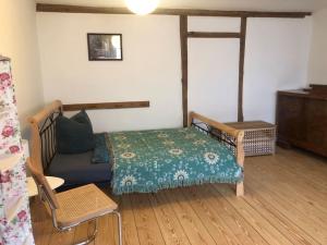 a living room with a bed and a couch at Erholen im Kranichhof, Garten, Sauna - Nähe Heide in Mockrehna
