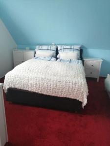 um quarto com uma cama branca e um tapete vermelho em Ferienwohnung Hude em Hude