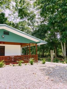 a small building with a green roof and trees at Casa Iris - Nature Delight in Puerto Viejo