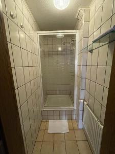 ein gefliestes Bad mit einer Dusche und einer Glastür in der Unterkunft Pension Krahmer in Chemnitz